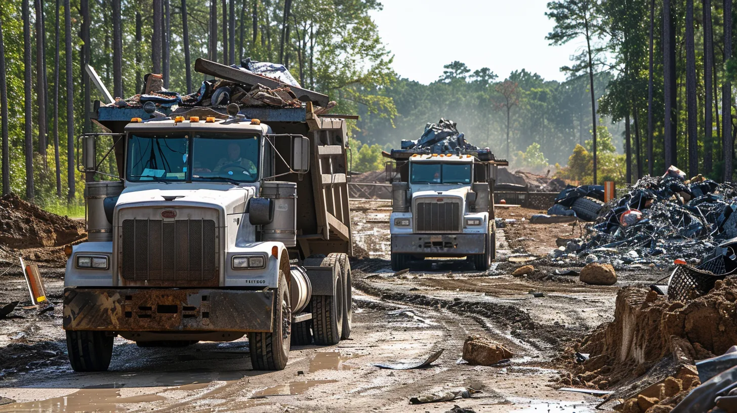 Two dump trucks hauling debris navigate a muddy construction site road, surrounded by piles of rubble and tall trees. Discover our services in material delivery in Georgia, ensuring efficient and reliable transport for all your construction needs.