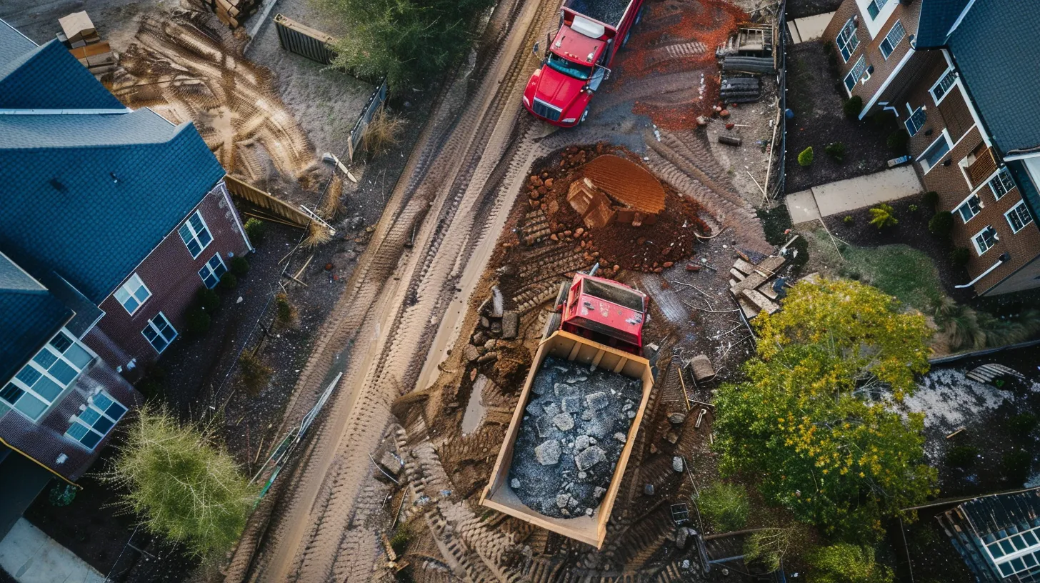 Aerial view of a construction site with two red trucks, one loaded with rocks, highlighting our services in hauling and material delivery in Georgia, near residential buildings and muddy roads.