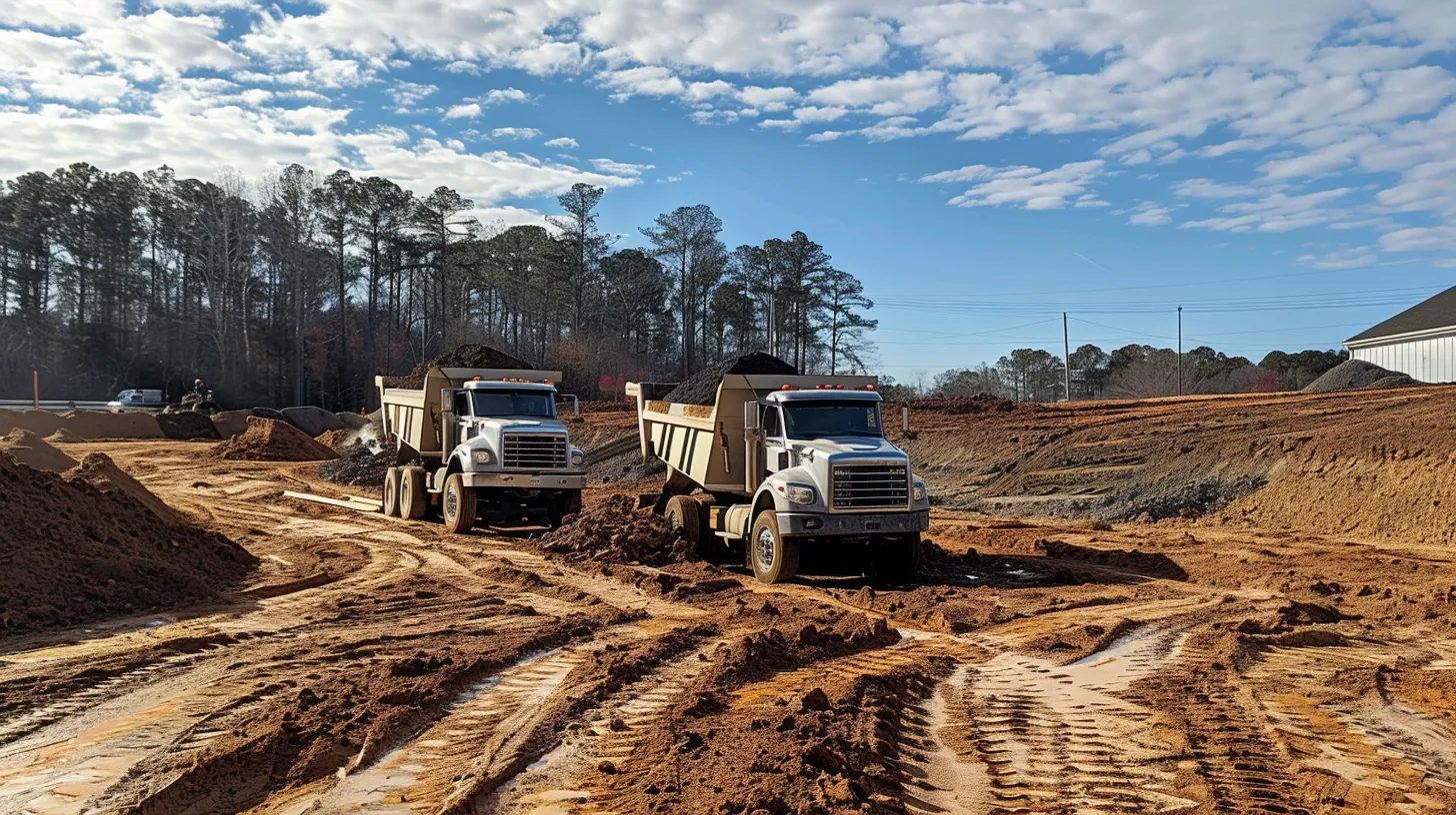 Two dump trucks on a sandy construction site showcase our services in hauling and material delivery in Georgia, surrounded by piles of dirt and trees under a partly cloudy sky.