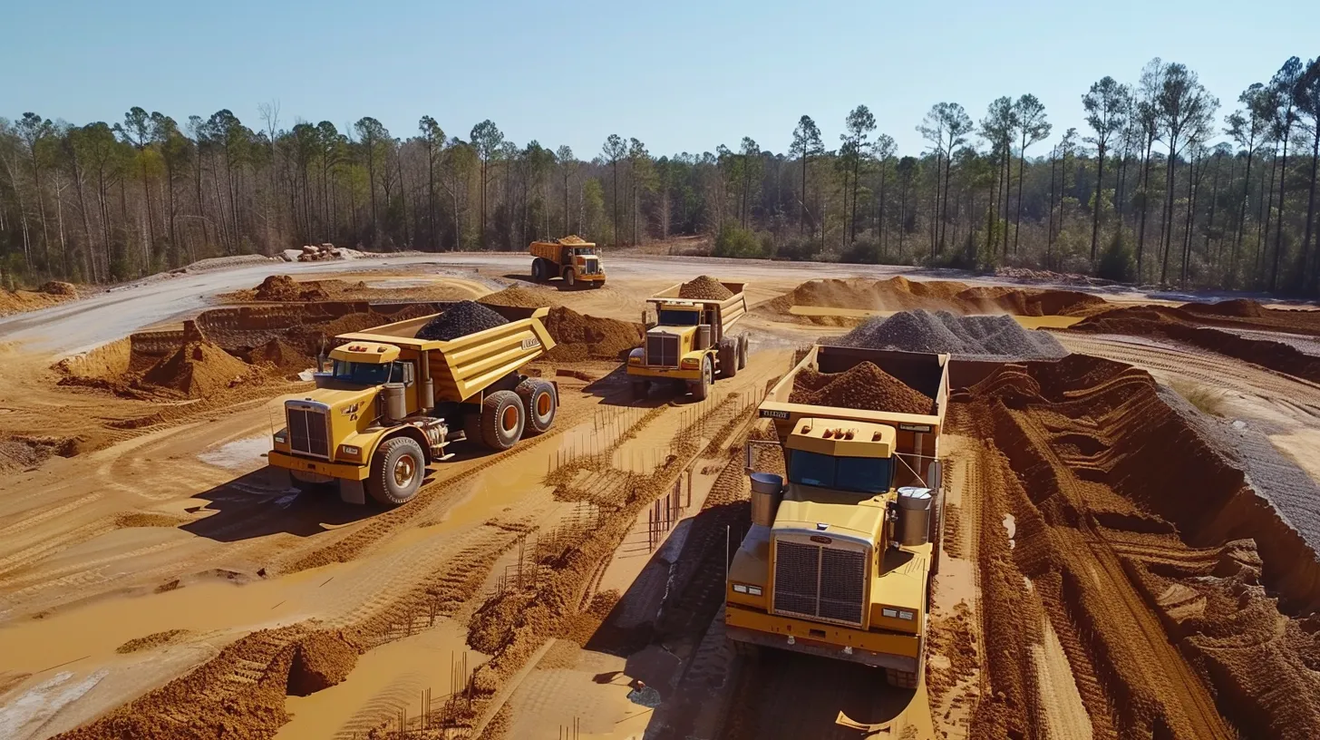 On a bustling construction site, our services include dump trucks filled with dirt and rocks ready for material delivery in Georgia. Pine trees line the background under a clear blue sky.