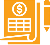 Orange calendar icon with globe symbol, grid layout, and a pencil beside it.